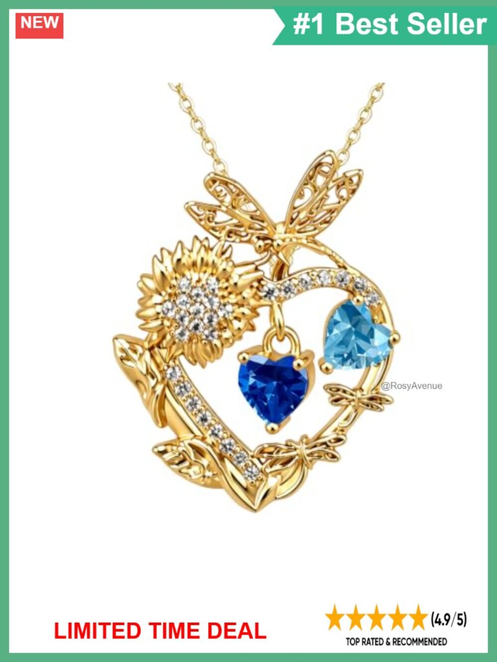 14K Gold Plated Open Heart Pendant Necklace CZ Sunflower Dragonfly Charm
